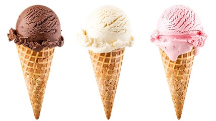 Variety of ice cream scoops in cones with chocolate, vanilla and strawberry - obrazy, fototapety, plakaty