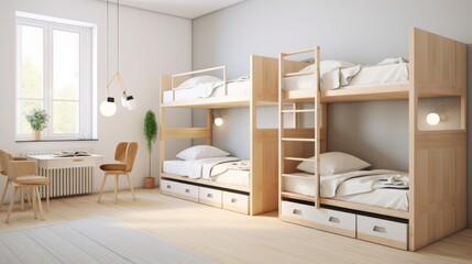 A visually appealing representation of a dormitory with immaculately made beds and spotless floorsStudio shot luxurious design elegant simplicity