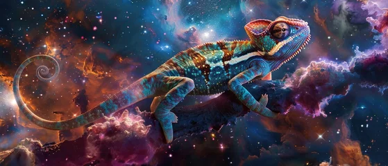 Fotobehang A chameleon changing colors to match the vibrant hues of a cosmic nebula it crawls upon © AI Farm