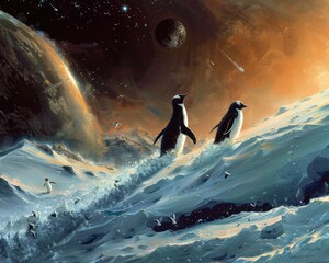 Penguins sliding on icy comets as they journey through the cold regions of space