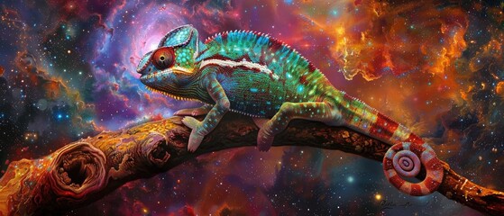 A chameleon changing colors to match the vibrant hues of a cosmic nebula it crawls upon
