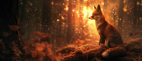 A fox gazing curiously at a supernova explosion illuminating the dark forest around it