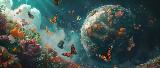 A group of butterflies fluttering around a planet made entirely of flowers and lush gardens