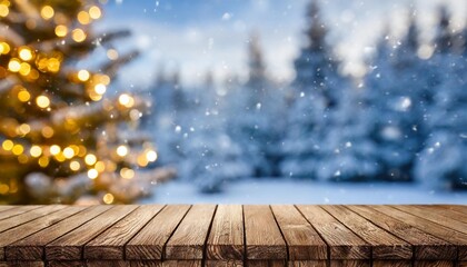 empty wooden table in front of winter holiday background with snowy christmas tree and candles