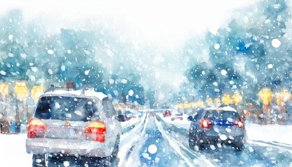 watercolor drawing traffic in a winter city abstract background snowfall on the road christmas view postcard copy space white