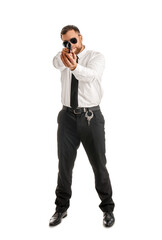 Male police officer with weapon on white background