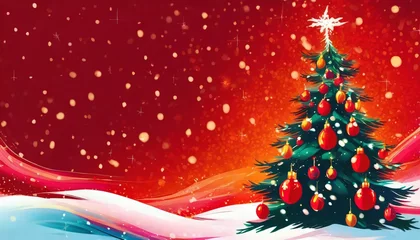 Foto op Canvas red background christmas landscape christmas tree in the snow generate © Nathaniel