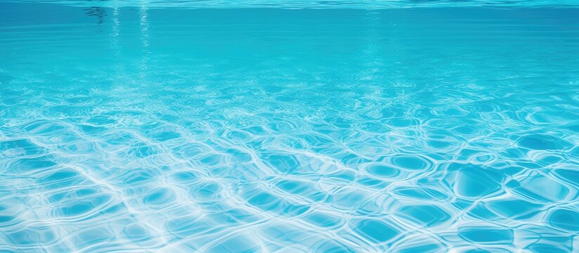 A closeup of the electric blue liquid in the swimming pool reflects the azure sky and horizon, creating a mesmerizing aqua image