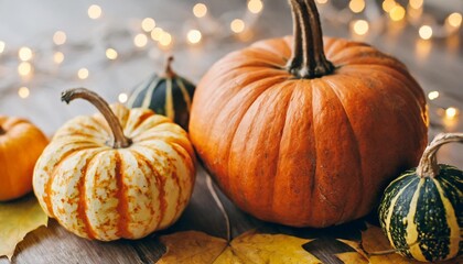 festive autumn decor from pumpkins leaves and lights on background