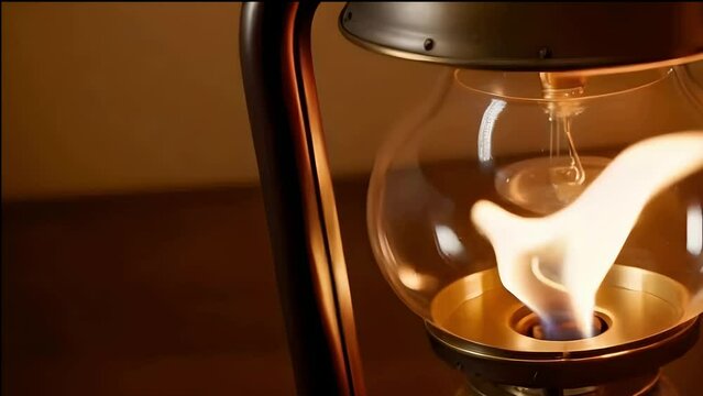 flame burning in antique lamp closeup view