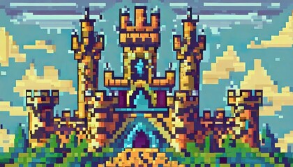 castle background video game style illustration castles towers 8 bit vintage computer graphics generated - obrazy, fototapety, plakaty