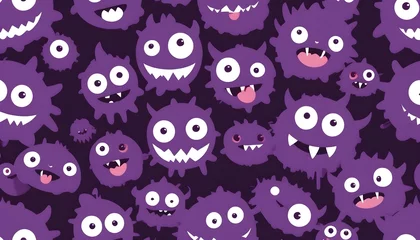 Fotobehang Happy Halloween. Monster head violet silhouette. Six eyes, teeth, tongue. Cute kawaii cartoon funny character. Baby kids collection. White background. Isolated. Flat design © Awais05