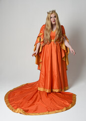 Full length portrait of plus sized woman blonde hair, wearing historical medieval fantasy gown with...