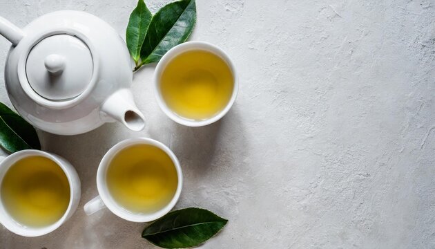 green tea in a white teapot and cups on white background top view with copy space