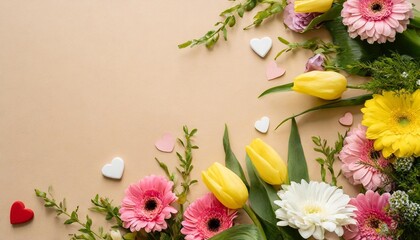top view photo of woman s day composition different color field flowers and hearts on isolated beige background with copyspace in the middle