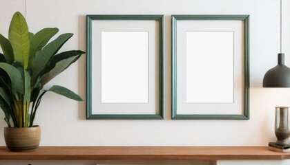 generative two mockup vertical rectangle painting frames hanging on white wall background at the room corner with copy space - obrazy, fototapety, plakaty