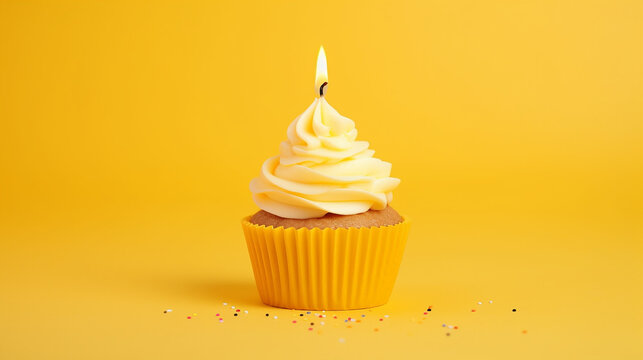 Tasty cupcake with candle on yellow pisang.