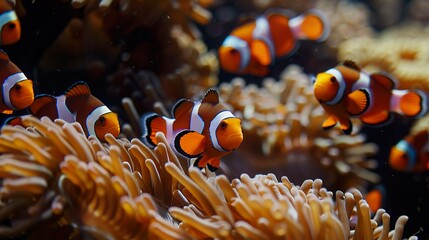 A school of clown fish in the coral