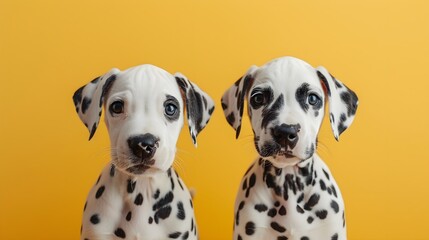 Spots of Sunshine: Cute Dalmatian Puppies in Front of a Vibrant Yellow Wall