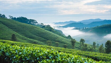 Fototapeta na wymiar tea plantation nature background with foggy