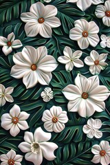 3d white and green geometric floral tropical leaves wall texture background for interior design