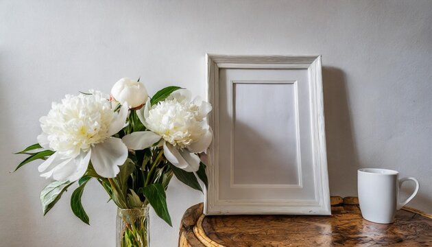 home interior with decor elements mockup with a white frame and white peonies in a vase on a white background