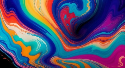 Swirling, vibrant waves of abstract marbled acrylic paint ink dance across the canvas in a mesmerizing display of color and texture. 