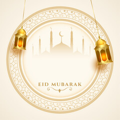 islamic festival eid mubarak wishes background with realistic lantern