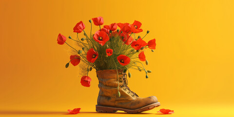 Poppy in a boot, abstract minimal concept, yellow background