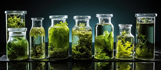A row of drinkware jars filled with fluid, showcasing green plants on a table. These bottles serve as home appliances for storing alcoholic beverages or ingredients for drinks - obrazy, fototapety, plakaty