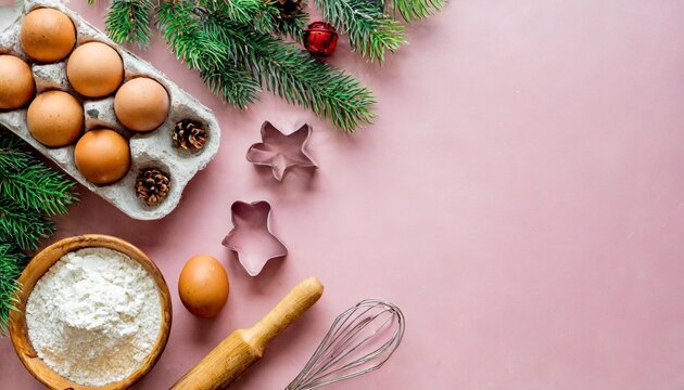 cooking for christmas or new year dinner baking background dough ingredients on pink background top view copy space