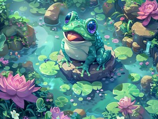 A joyful frog with vibrant eyes perches on a stone amidst a lush pond brimming with lily pads and blooming lotuses.