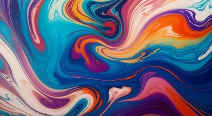 Swirling, vibrant waves of abstract marbled acrylic paint ink dance across the canvas in a mesmerizing display of color and texture. 