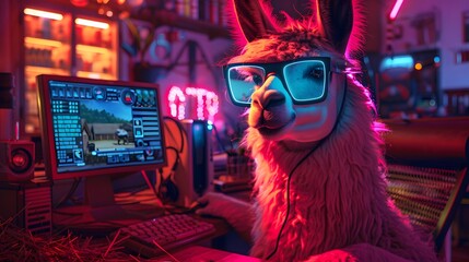 A gamer llama with stylish blue glasses is fully engaged in an intense gaming session in a room illuminated by vibrant neon lights.