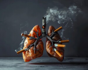 Art piece of lungs composed of cigarettes, slowly burning away, signifying the slow damage of smoking - obrazy, fototapety, plakaty