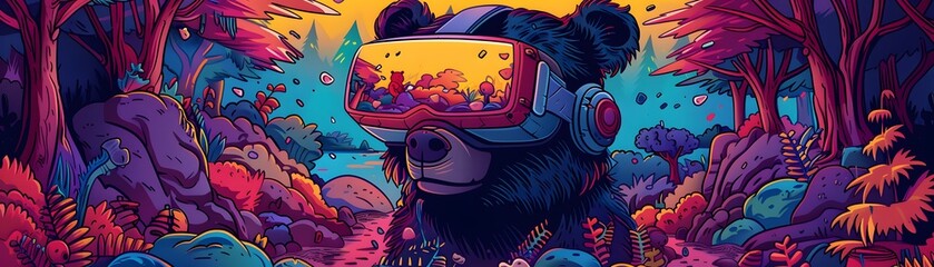 An illustration of a bear immersed in a virtual reality experience, with a vivid and colorful enchanted forest landscape in the background.