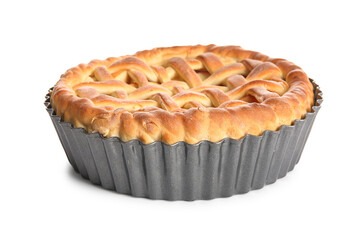 Baking dish with tasty homemade apple pie on white background