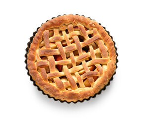 Baking dish with tasty homemade apple pie on white background