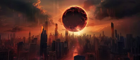 Foto op Canvas Solar eclipse over a city skyline, metaphor for the overshadowing threat of climate change on modern civilization © Chananporn