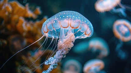 Obraz premium A jellyfish swimming in the ocean with its head turned to the side