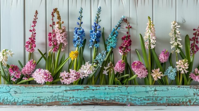 The background features hyacinths and willow flowers arranged on turquoise wooden planks against a