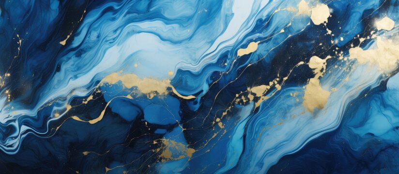 A detailed close up of a landscape painting featuring electric blue and gold marbling patterns resembling liquid water. A stunning piece of art