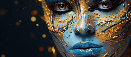 Close-up image of a woman with elaborate gold and blue face paint design, highlighting creativity and beauty - obrazy, fototapety, plakaty