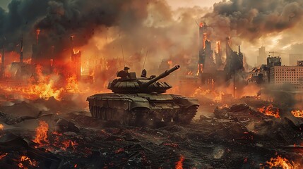 Tanks in a destroyed and burning city