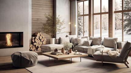 Interior composition of modern sophisticated living room inspired by scandinavian elegance  - obrazy, fototapety, plakaty