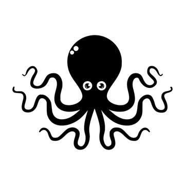 recommend clip art: Black and white vector illustration of an octopus with curled tentacles and expressive eyes, depicting a cute and playful character.