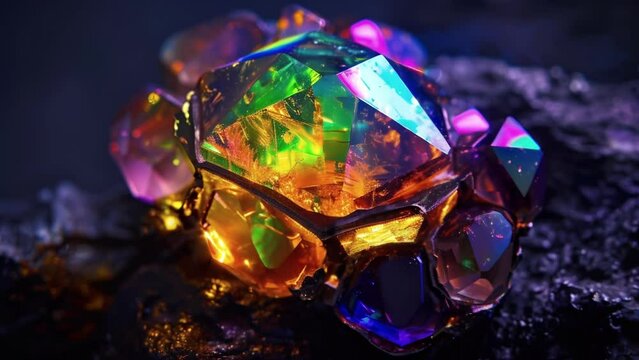 A macro shot of a piece of jewelry with UVreactive gems each one radiating a vibrant and ethereal glow under the UV light.