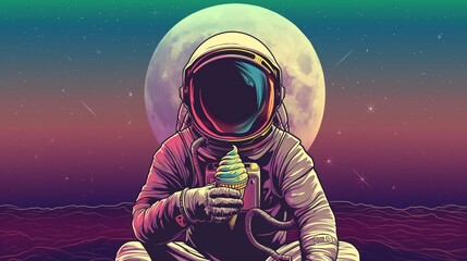 Obraz premium Illustration of astronaut with ice cream comic style.