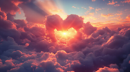 lovely heart in cloudy sunset sky 3d illustration, fantasy background.