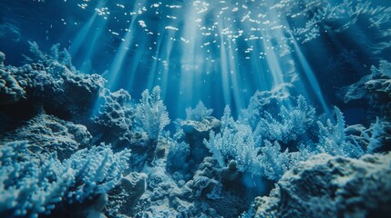 Sci-fi seascape with dying coral reef, stark contrast to vibrant past. - obrazy, fototapety, plakaty